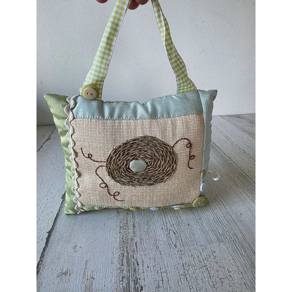 Vintage quilted Easter nest bird hanging green decor spring unique pillow